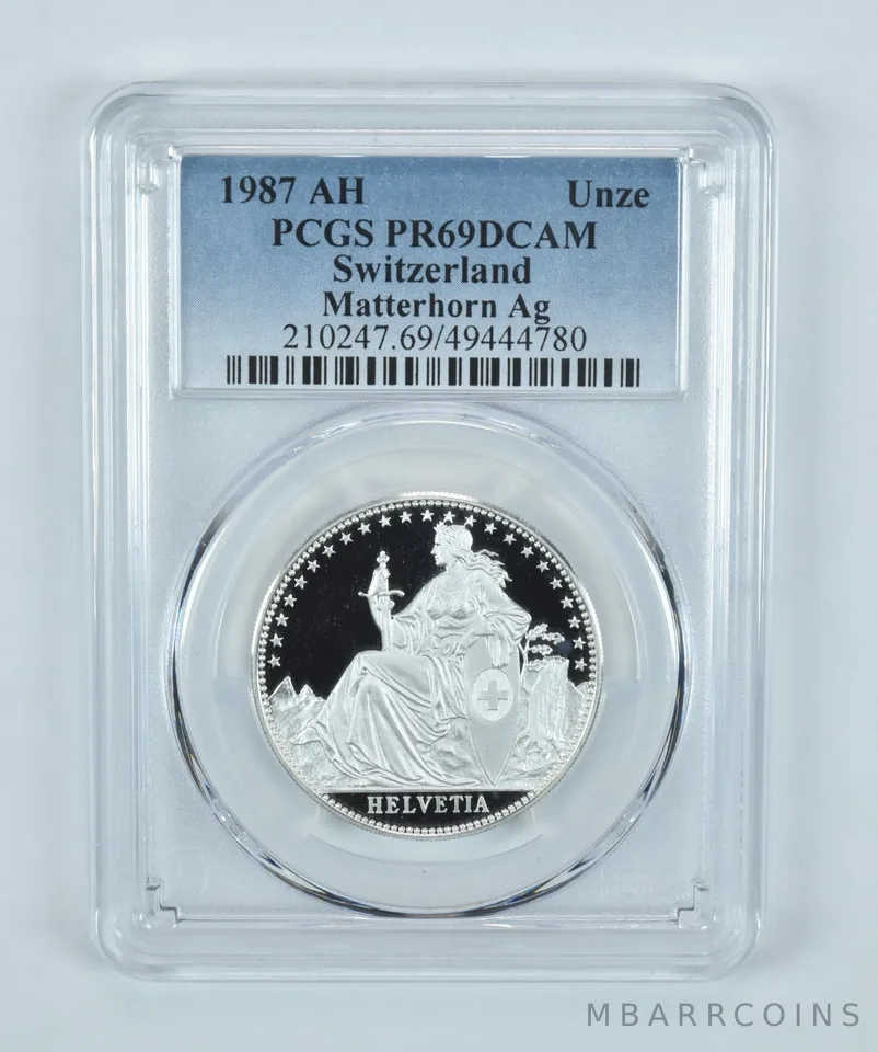 1987 AH Switzerland Unze Matterhorn Ag PR69 DCAM PCGS Blue Label