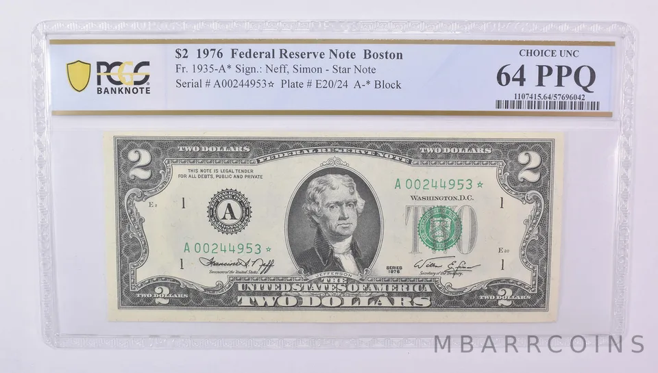 1976 $2 Boston MA FRN Star Note Fr#1935-A* Choice Unc 64 PPQ PCGS