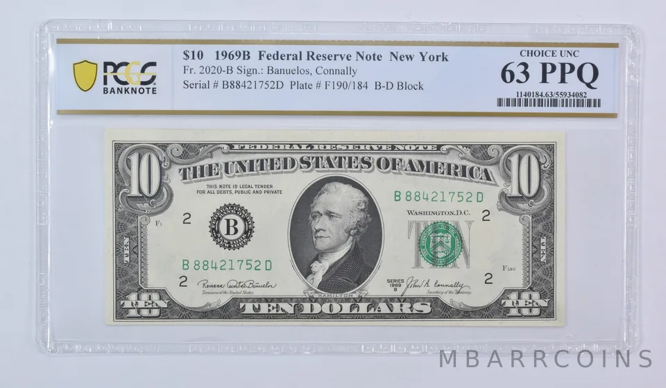 1969-B $10 New York NY FRN Fr#2020-B Choice Unc 63 PPQ PCGS
