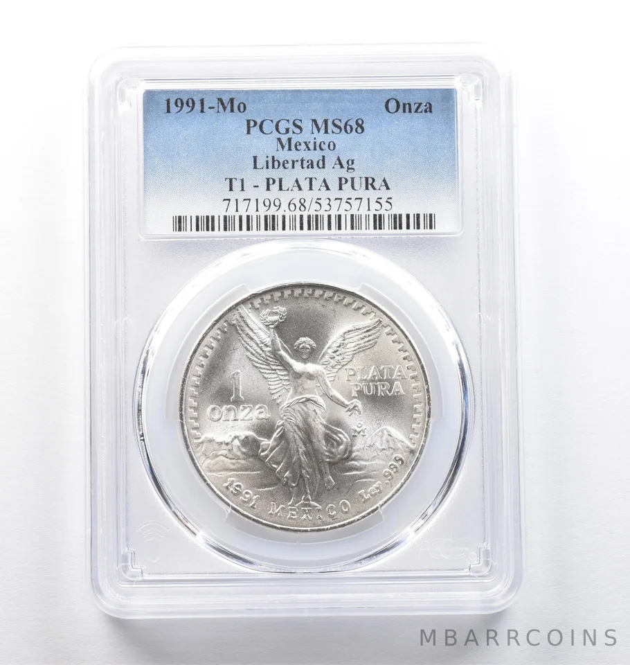 1991 Mo Mexico 1 Onza Silver Libertad Type 1 PLATA PURA MS68 PCGS *9496