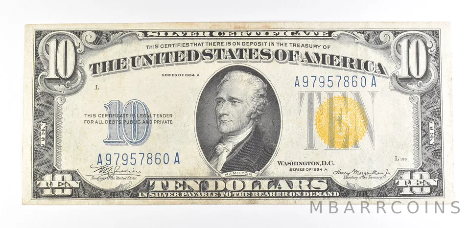 1934 A $10 Silver Certificate North Africa Yellow Seal Fr#2309 AU a9336