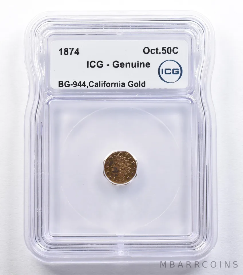 1874 California Fractional Gold Octagonal 50 Cents BG-944 Genuine ICG *2198