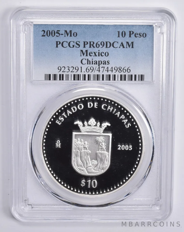 2005 Mo Mexico 10 Pesos Silver Chiapas PR69 DCAM PCGS Blue Lbl