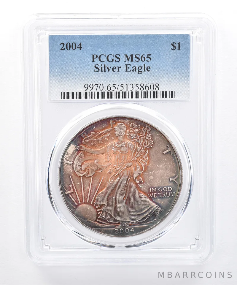 2004 American Silver Eagle MS65 PCGS Red/Blue Tone *8511