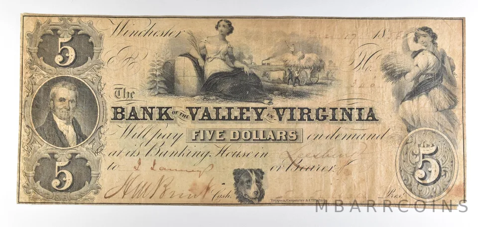 1856 $5 Winchester VA Bank Of The Valley Obsolete Note *8832