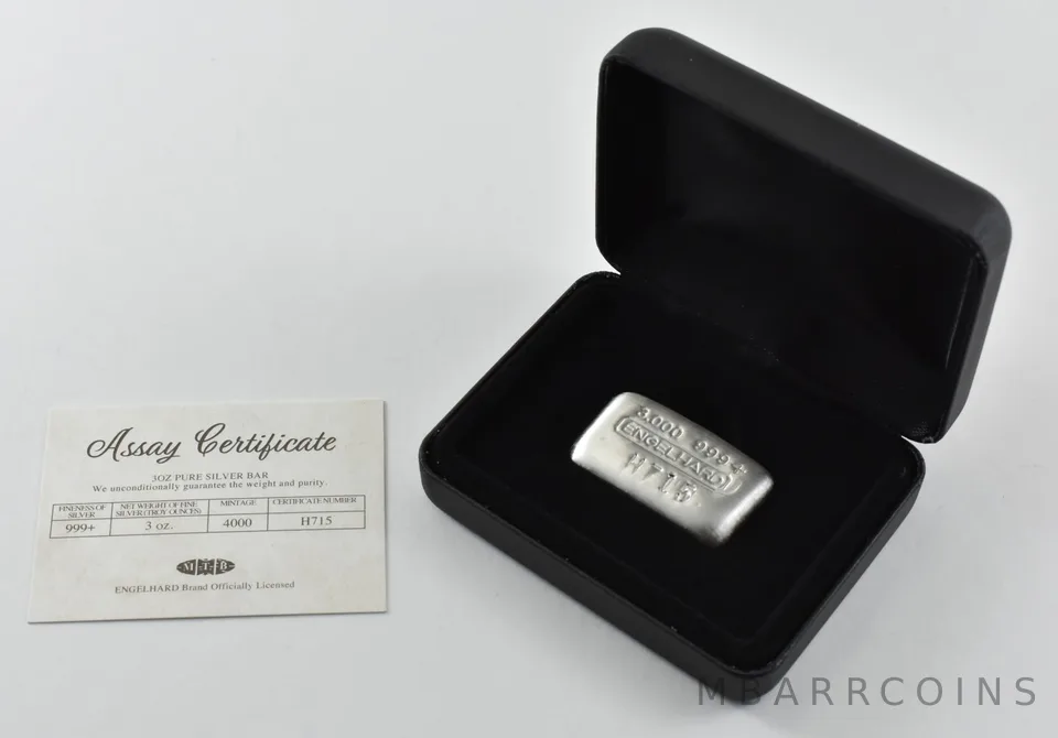 3 Oz Silver Bar Engelhard W/ Box & COA 715 Serial *5031