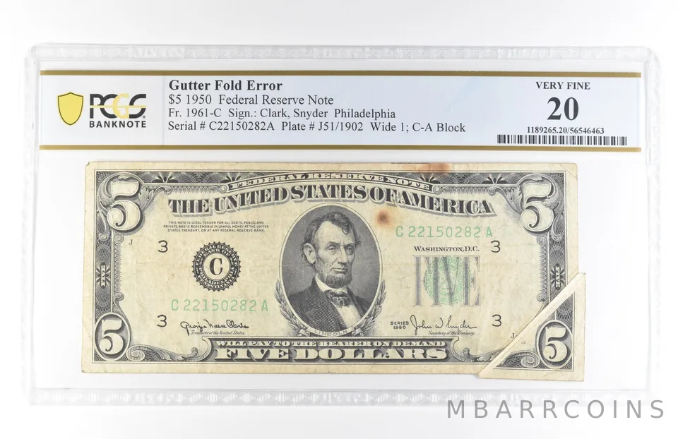 1950 $5 Philadelphia PA FRN Gutter Fold Error Fr#1961-C Very Fine 20 PCGS *5834