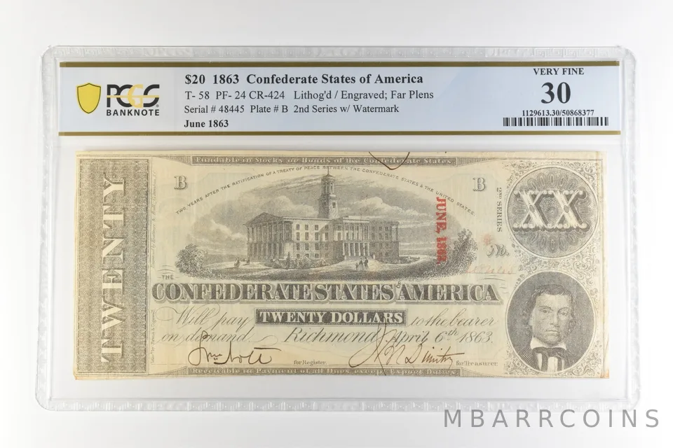 1863 $20 Confederate States America T-58 PF-24 CR-424 Very Fine 30 PCGS *4465