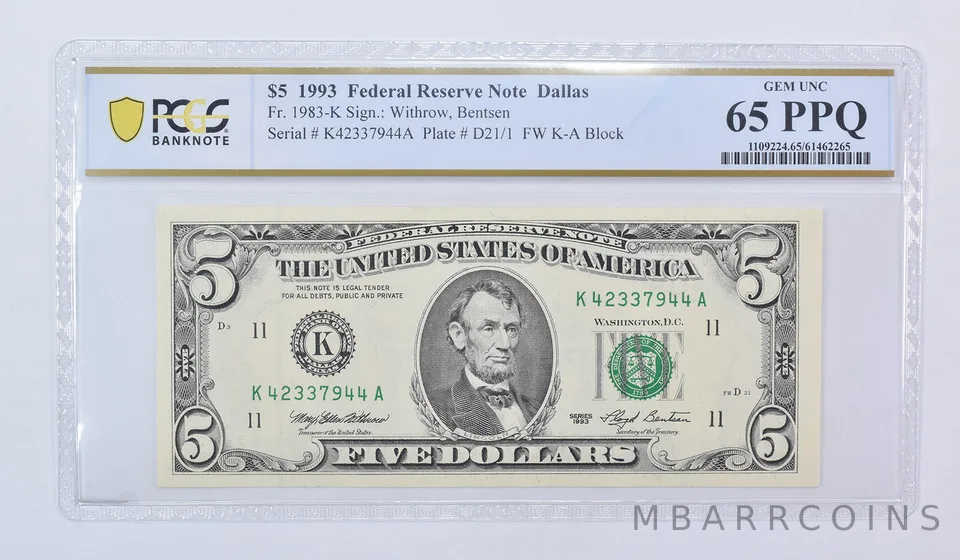 1993 $5 Dallas TX FRN Fr#1983-K Gem Unc 65 PPQ PCGS