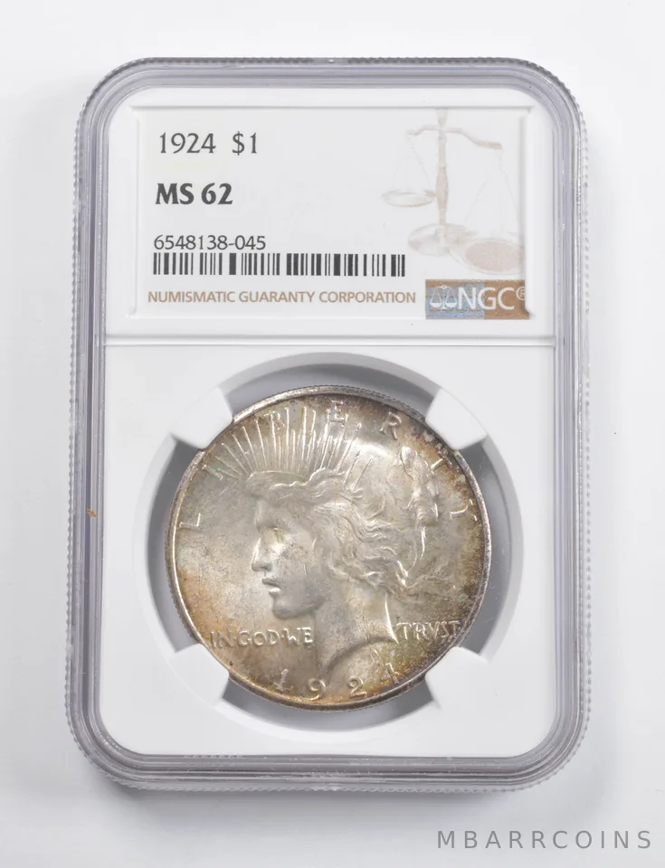 MS62 1924 Peace Silver Dollar NGC - Fantastic Color a3396