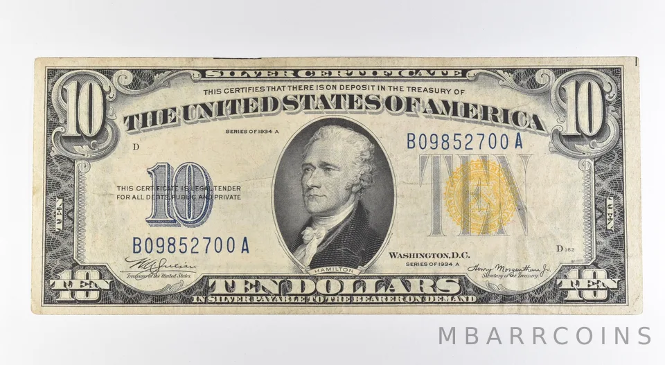 1934 A $10 Silver Certificate Yellow Seal North Africa Fr#2309 *0432
