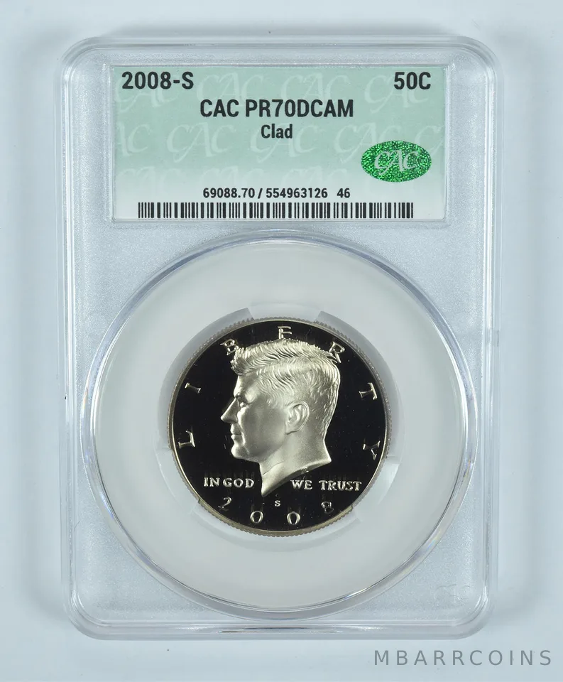 2008-S Kennedy Half Dollar CLAD PR70 DCAM CAC CACg