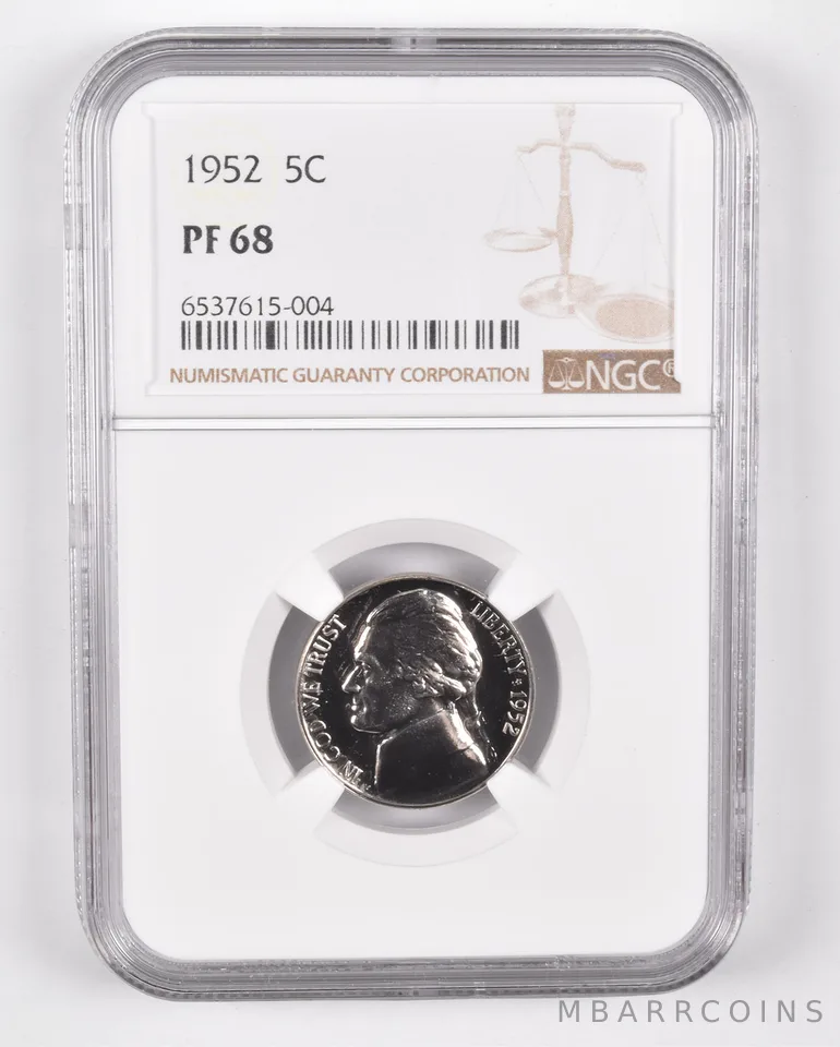 1952 Jefferson Nickel PF68 NGC PR Proof Brown Lbl