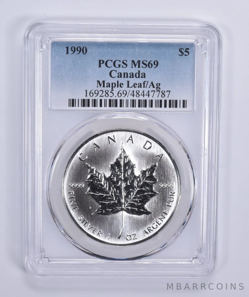 1990 Canada 5 Dollar Maple Leaf 1 Oz Silver MS69 PCGS Blue Label