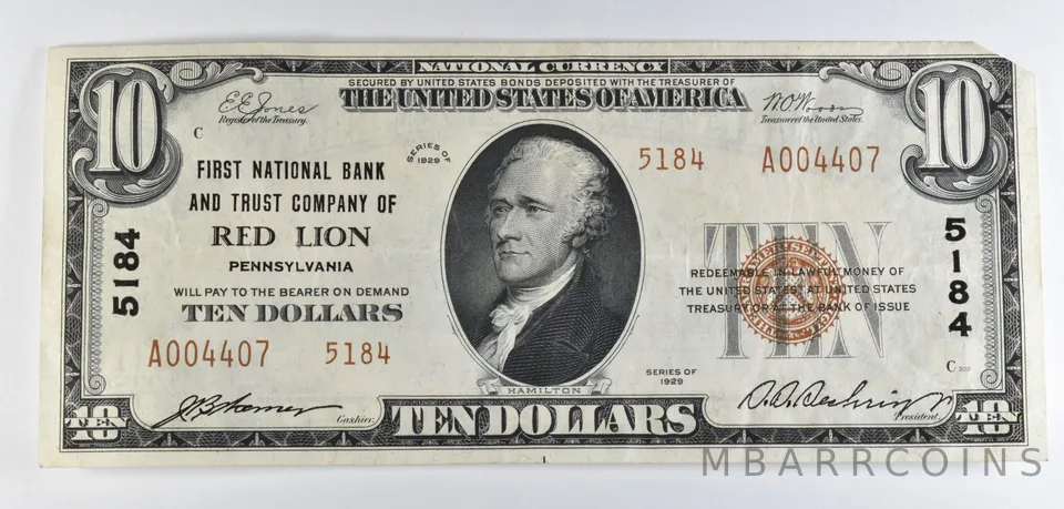 1929 $10 National Currency Note Red Lion PA Ch#5184 a8554