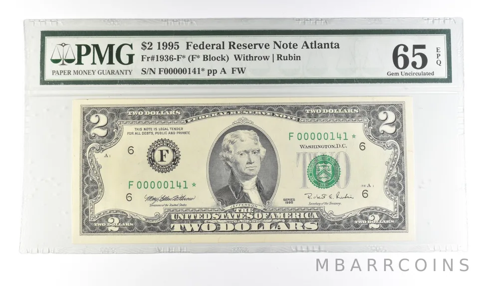 1995 $2 Atlanta GA FRN Fr#1936-F* Star Error Gem Unc 65 EPQ PMG Low Serial *5463