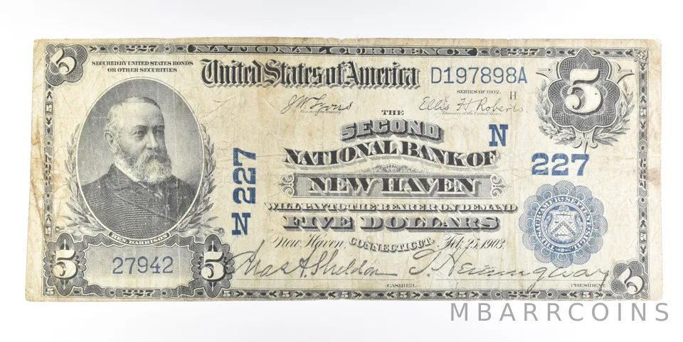 1902 $5 New Haven CT National Currency Note Large Note CH 227 a0216
