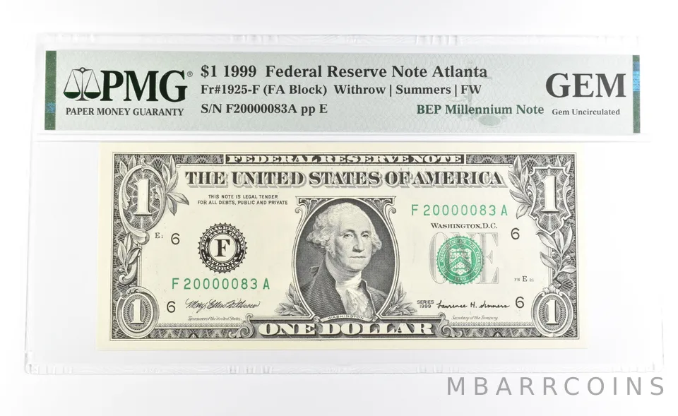 PMG GEM 1999 $1 GA US FRN BEP Millennium Note Fr#1925-F LOW Serial 2 digit *1039