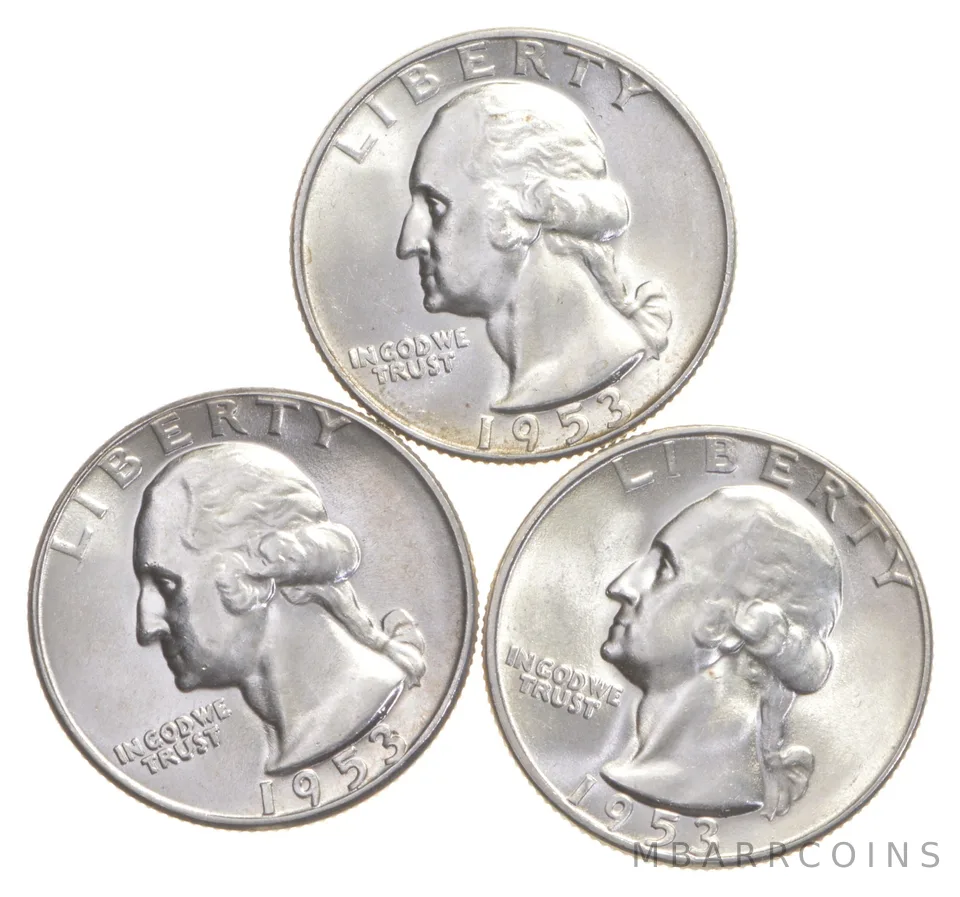 Choice Unc 1953 P+D+S Washington Quarter Gem BU Collection Lot Set