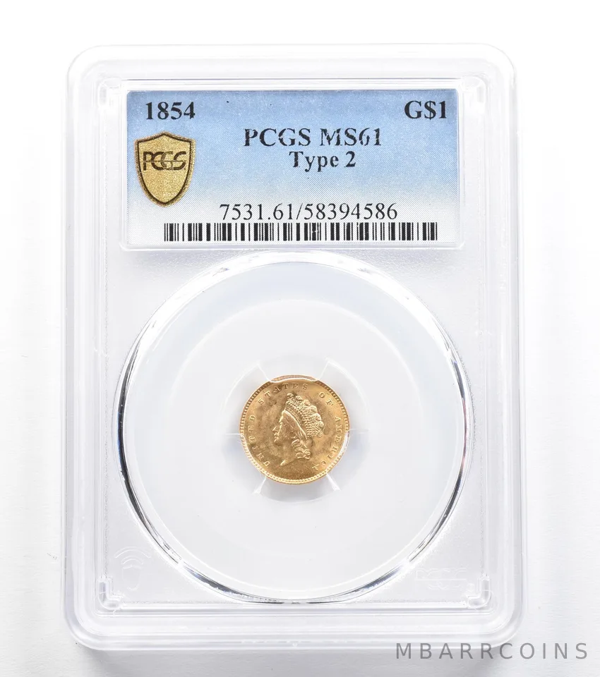 1854 $1 Indian Princess Head Gold Dollar Type 2 MS61 PCGS PQ *9641