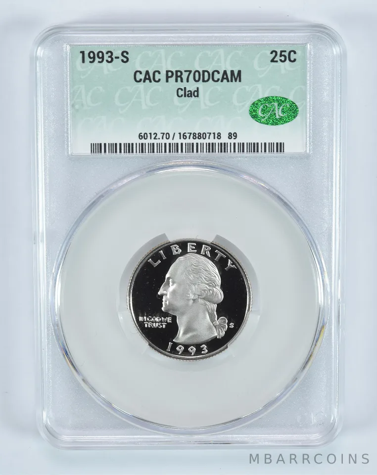 1993-S Washington Quarter CLAD PR70 DCAM CAC CACg