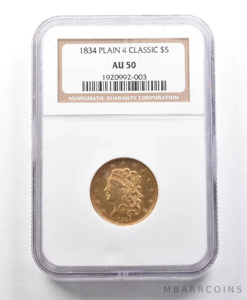 1834 $5 Classic Head Half Eagle Plain 4 AU50 NGC UPGRADE Old *5656
