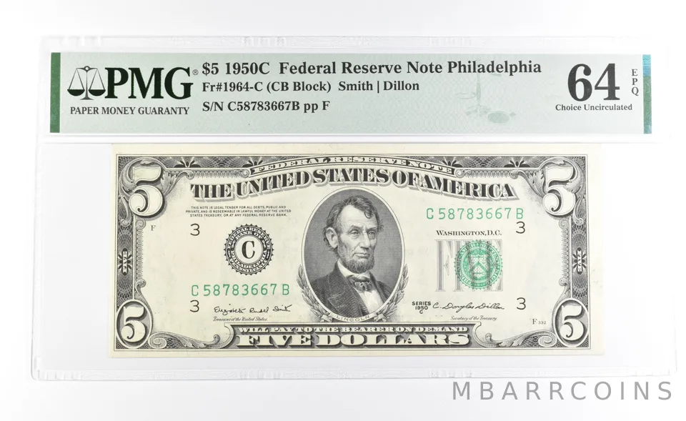 PMG 64 Unc EPQ 1950 C $5 Philadelphia, PA US FRN Green Seal Fr#1964-C *1037