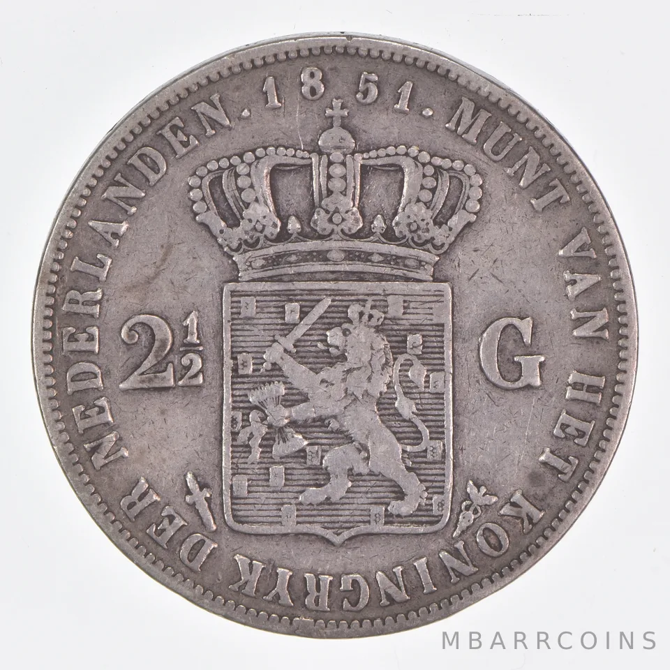 Better Date - 1851 Netherlands 2 ½ Gulden World Coin- Silver *533