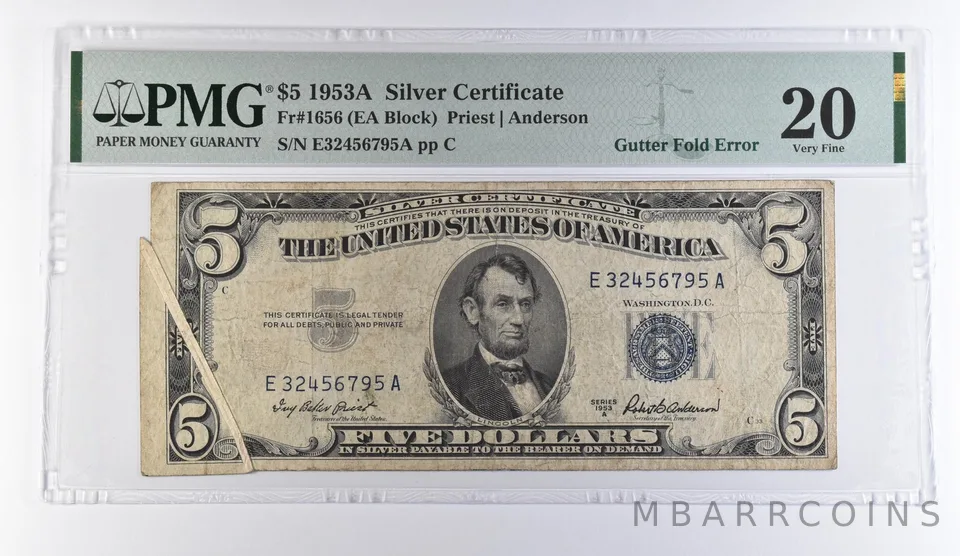 1953 A $5 Silver Certificate Fr#1656 Gutter Fold Error VF 20 PMG *9394
