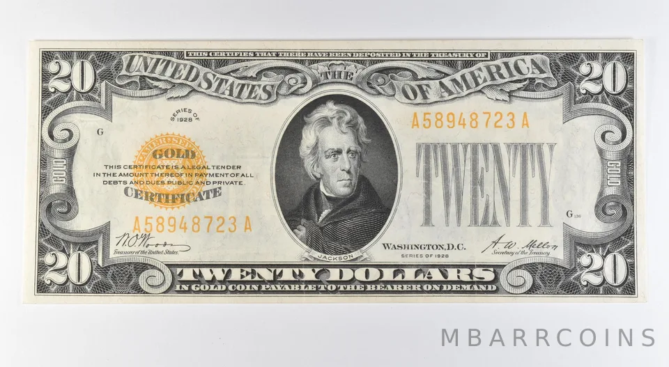 1928 $20 Gold Certificate Yellow Seal Fr#2402 *9580