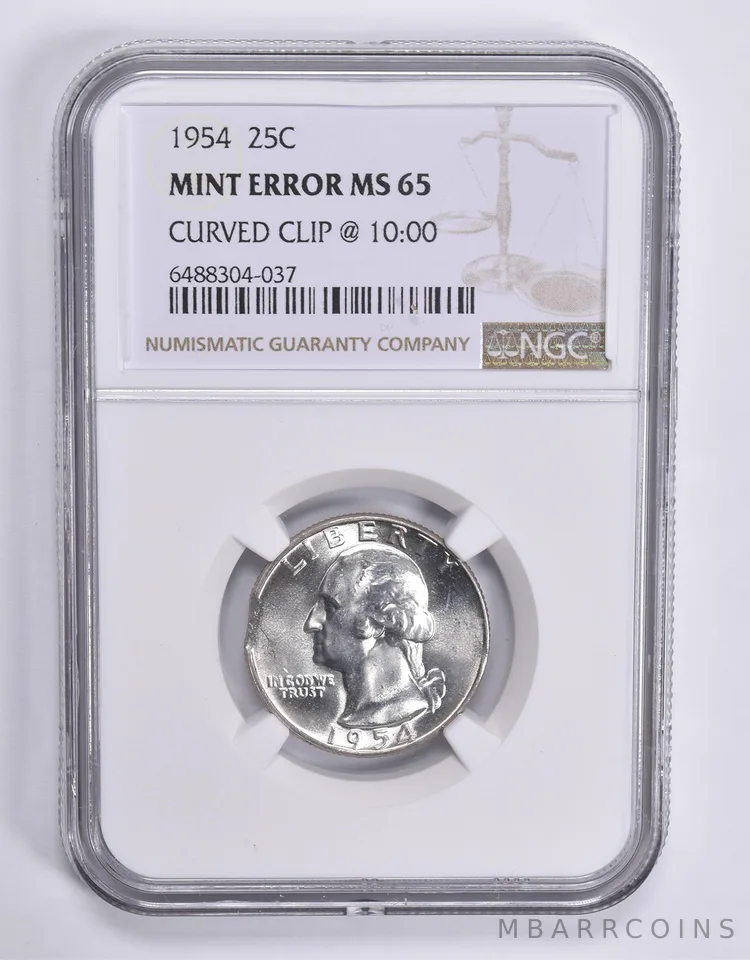 MINT ERROR MS65 1954 Washington Quarter Curved Clip @ 10:00 NGC *1857