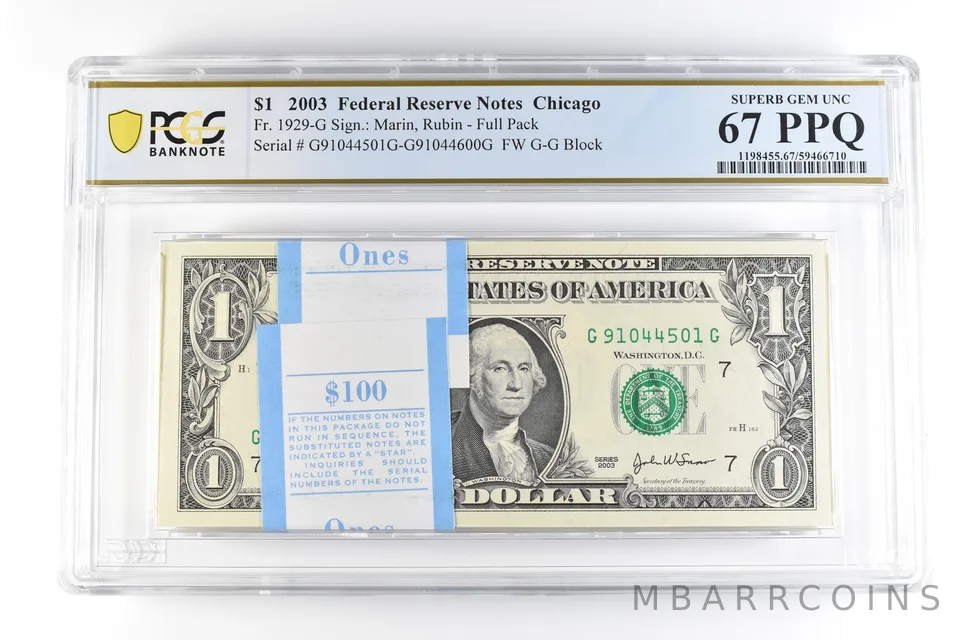 (100) 2003 $1 Chicago IL FRN Fr#1929-G Full Pack Gem Unc 67 PPQ PCGS *9863