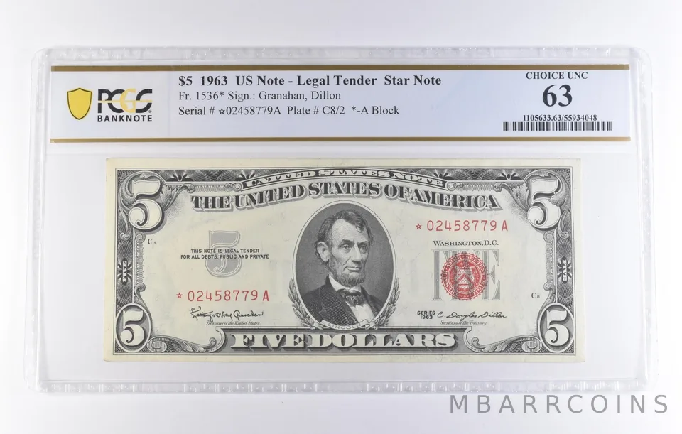 1963 $5 Legal Tender Star Note Fr#1536* Choice Unc 63 PCGS *8298