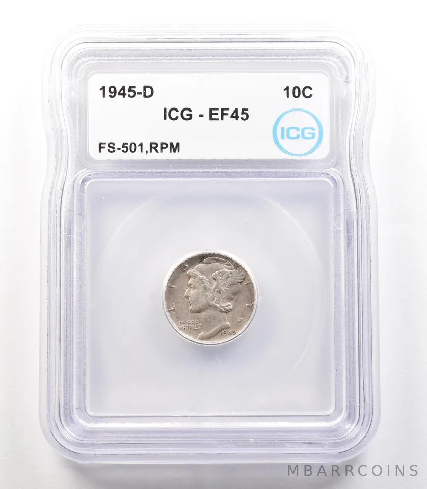 1945-D Mercury Dime FS-501 RPM EF45 ICG a4111