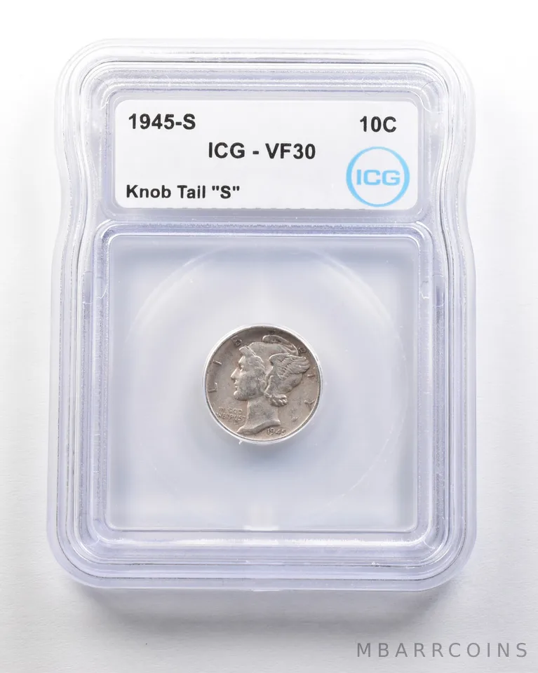 1945-S Mercury Dime Mint Error Knob Tail "S" VF30 ICG *1685