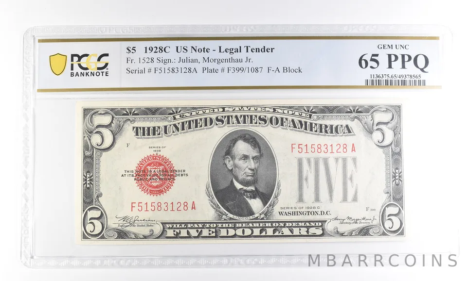 1928 C $5 US Legal Tender Fr#1528 Gem Unc 65 PPQ PCGS a2375