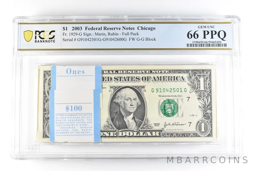 (100) 2003 $1 Chicago IL FRN Fr#1929-G Full Pack Gem Unc 66 PPQ PCGS *0193