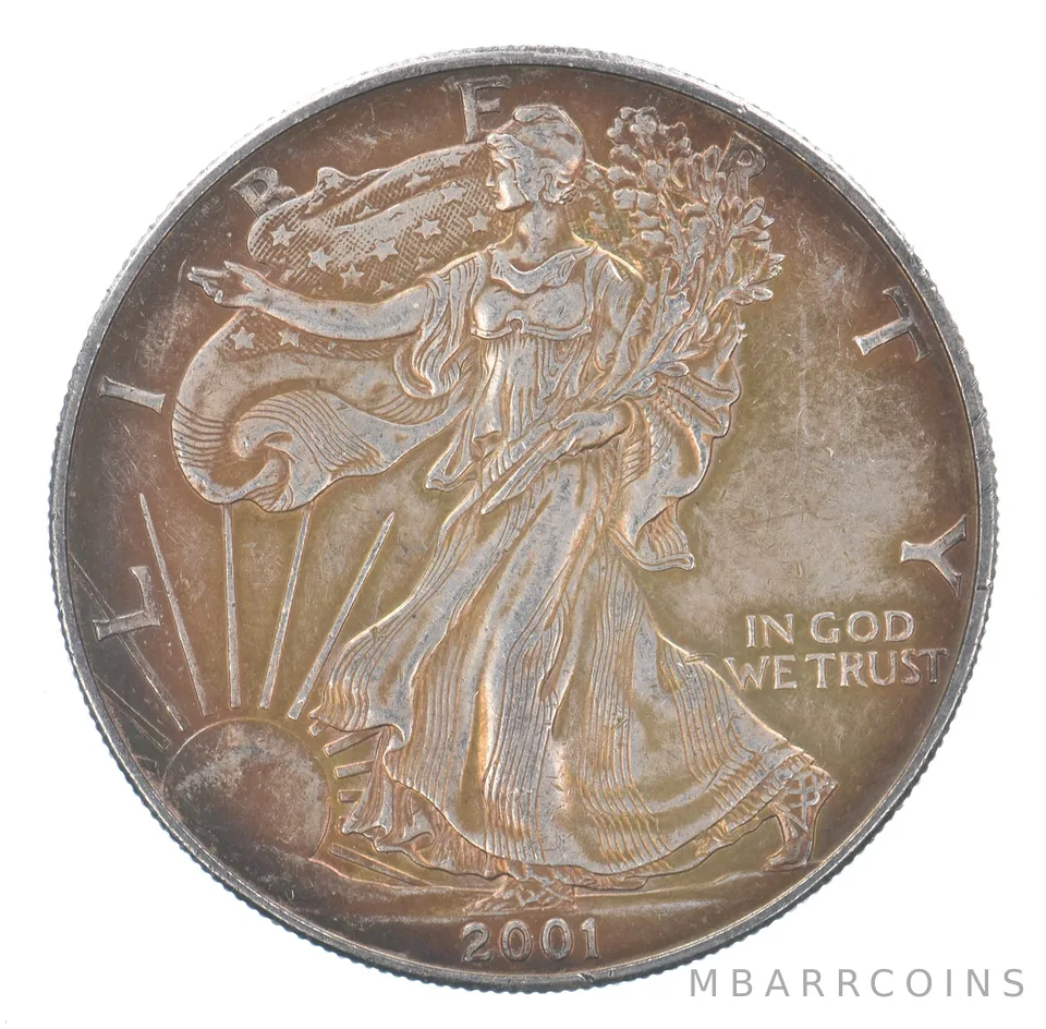 Beautiful Toned - 2001 American Silver Eagle 1 Troy Oz .999 Fine Silver *100
