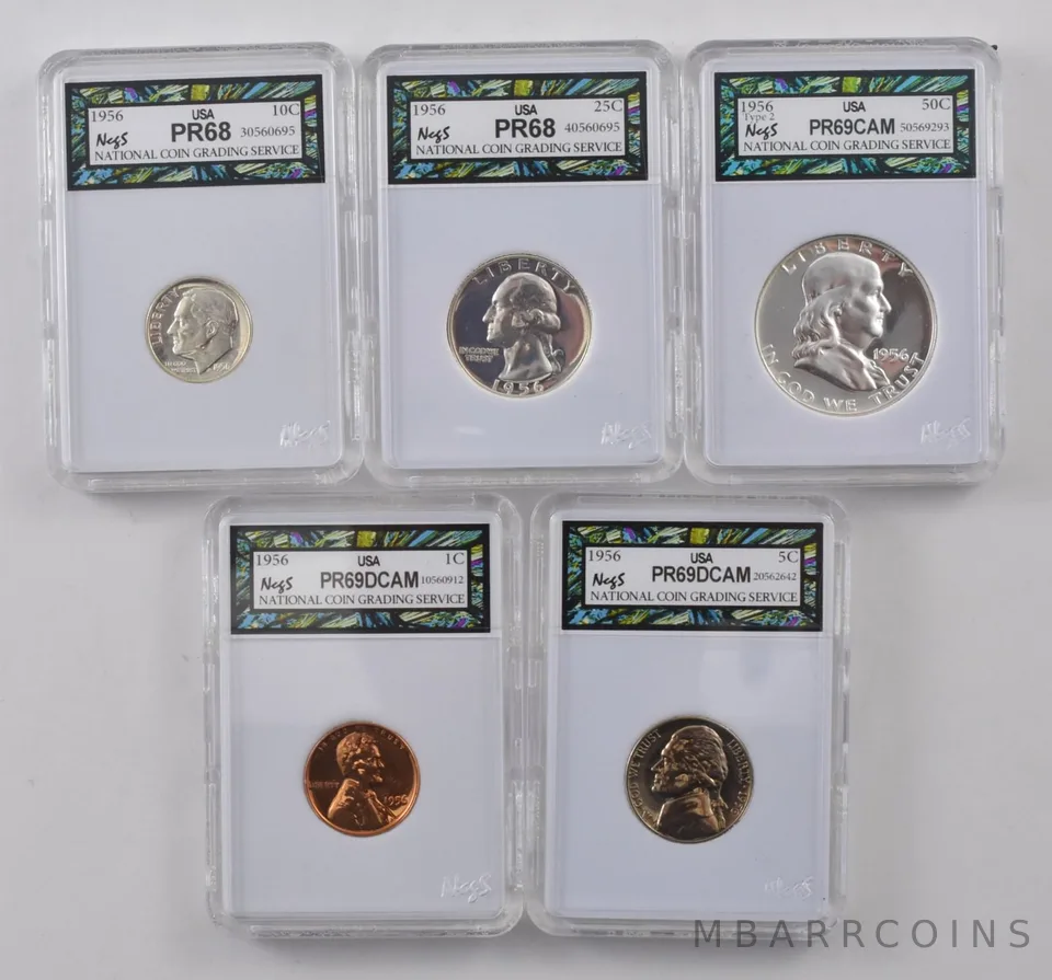 (5) 1956 Proof Set Cent Nickel Franklin Half Dollar Quarter Roosevelt Dime *8761