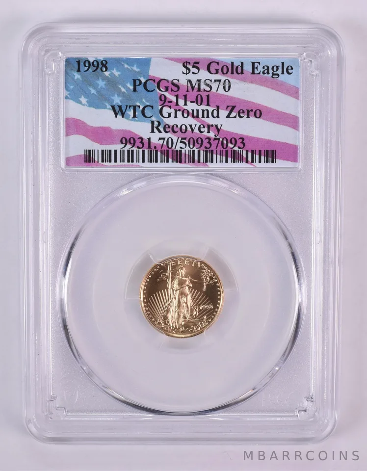 1998 $5 American Gold Eagle WTC Ground Zero 1/10 Oz Gold MS70 PCGS *1010