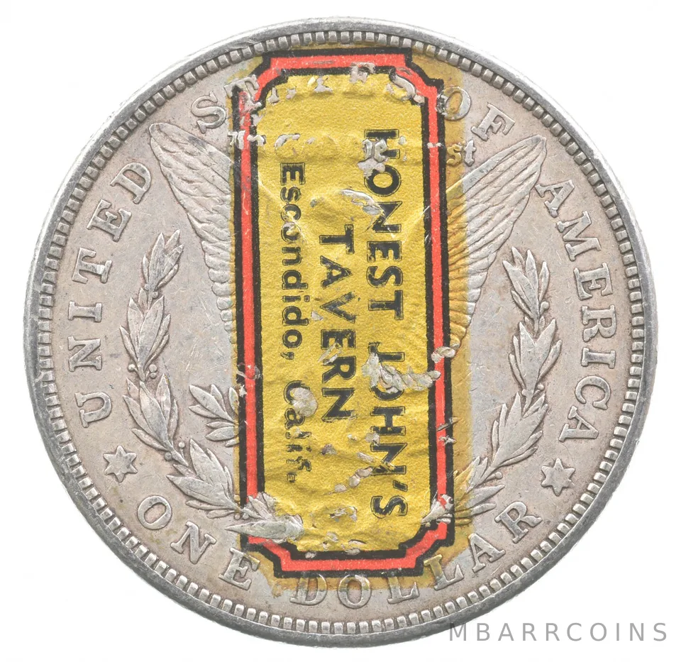 1921-S Morgan Silver Dollar Honest John's Tavern Sticker Advertising *7356