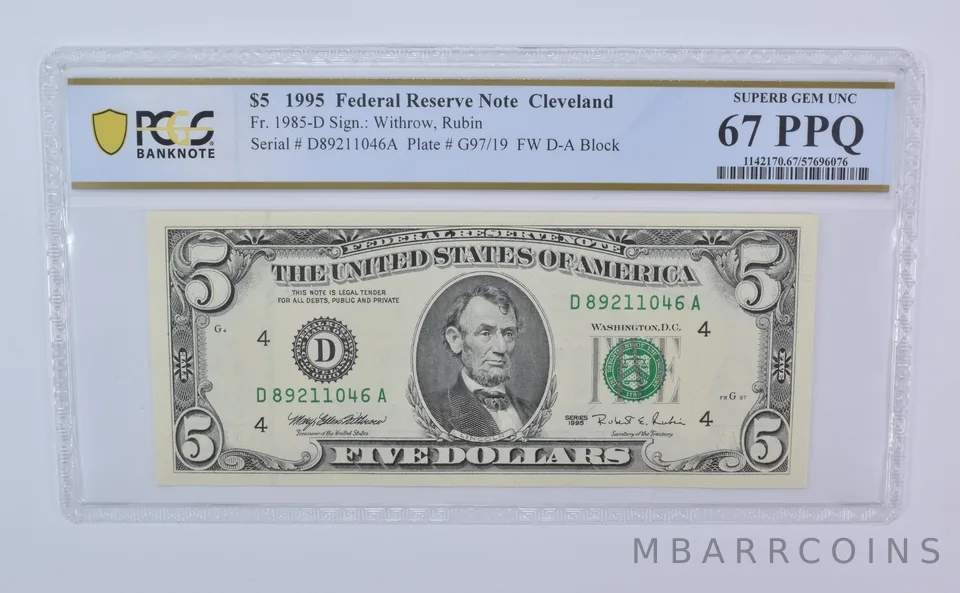 1995 $5 Cleveland OH FRN Fr#1985-D Superb Gem Unc 67 PPQ PCGS *8110