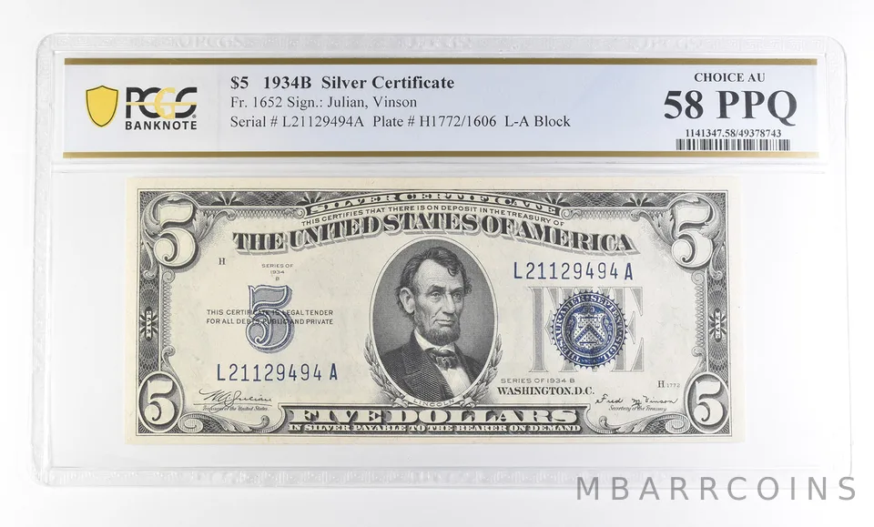 1934 B $5 Silver Certificate Fr#1652 Choice AU 58 PPQ PCGS a2773