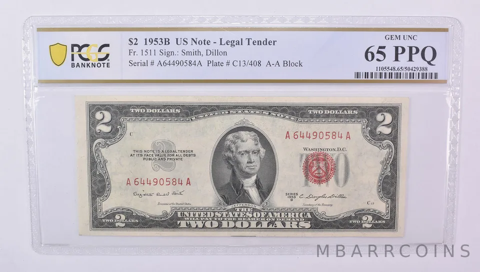 1953 B $2 US Legal Tender Fr#1511 Gem Unc 65 PPQ PCGS