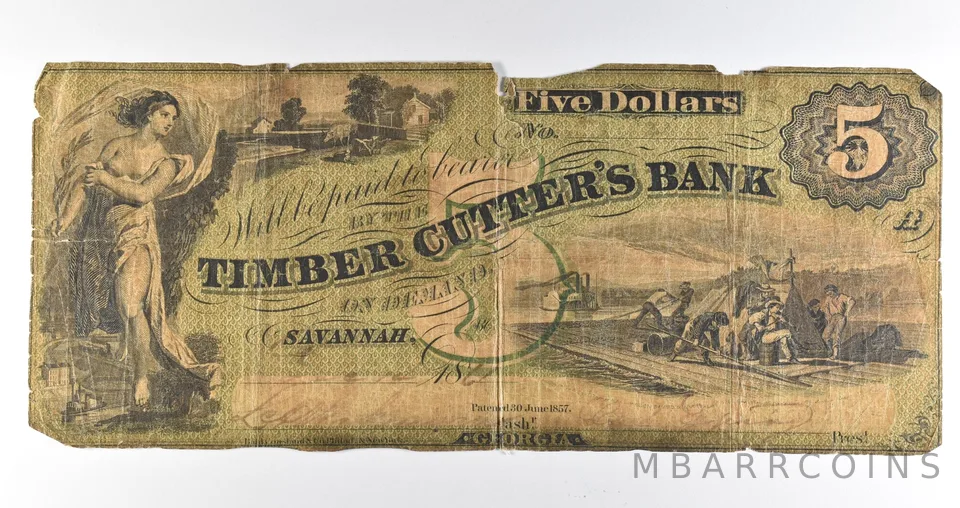1857 $5 Savannah GA Timber Cutter's Bank Obsolete Note *8381