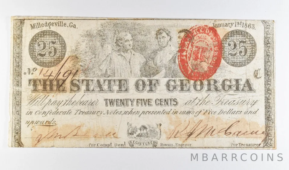 1863 25 Cents Milledgeville GA Obsolete Note *8905
