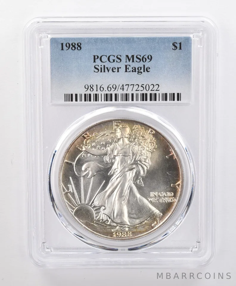 MS69 1988 American Silver Eagle PCGS Yellow Peripheral Toning *1665