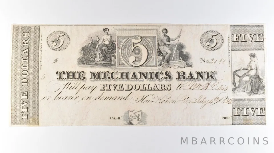 1830s $5 New Haven CT Mechanics Bank Obsolete Currency *9698