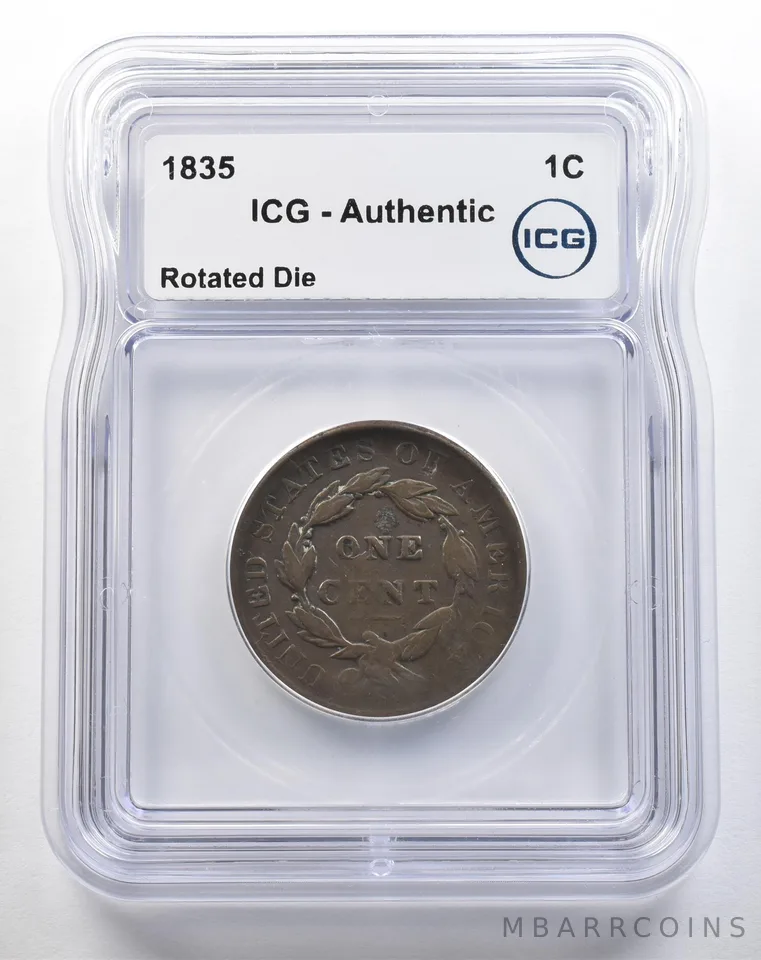 1835 Matron Head Large Cent Rotated Die Authentic ICG *3802