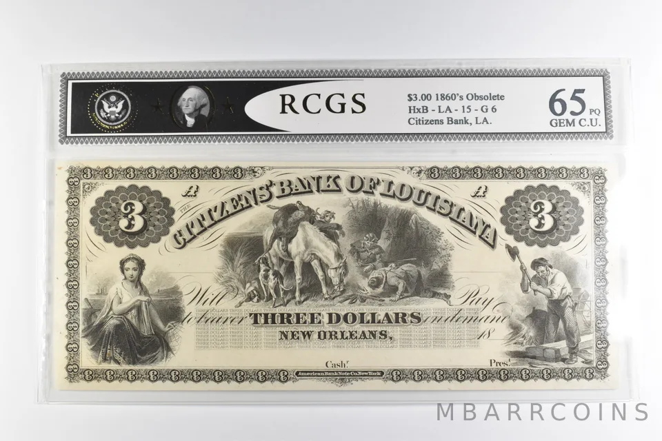 $3 1860s New Orleans LA Citizens Bank Of Louisiana Note *8195